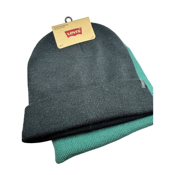 Levis 2-Pack Beanie Set One Size Black & Green Knit Hats Unisex - Picture 1 of 6